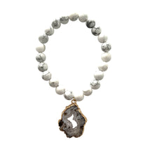 Load image into Gallery viewer, White Howlite gemstone stretch beaded bracelet large geode slice charm
