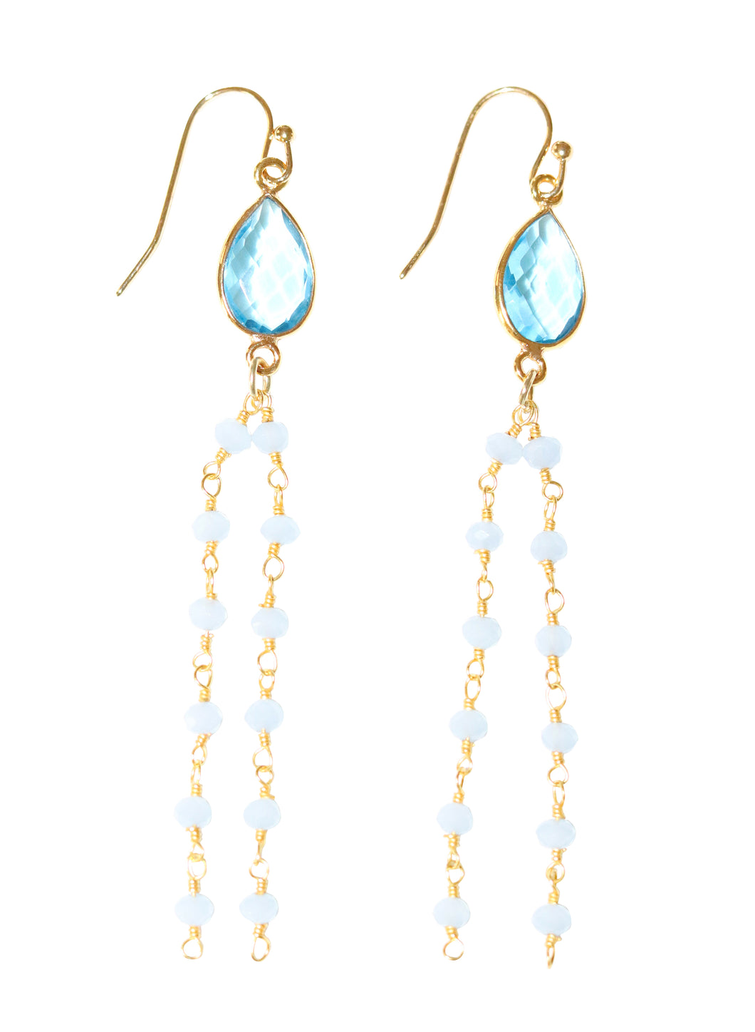 blue topaz gemstone blue lace agate beaded rosary chain gold earrings handmade