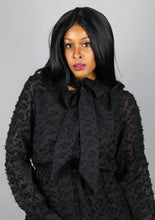 Load image into Gallery viewer, day night black textured tie neck blouse