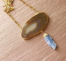 Load image into Gallery viewer, brown agate slice blue kyanite point gemstone bib necklace

