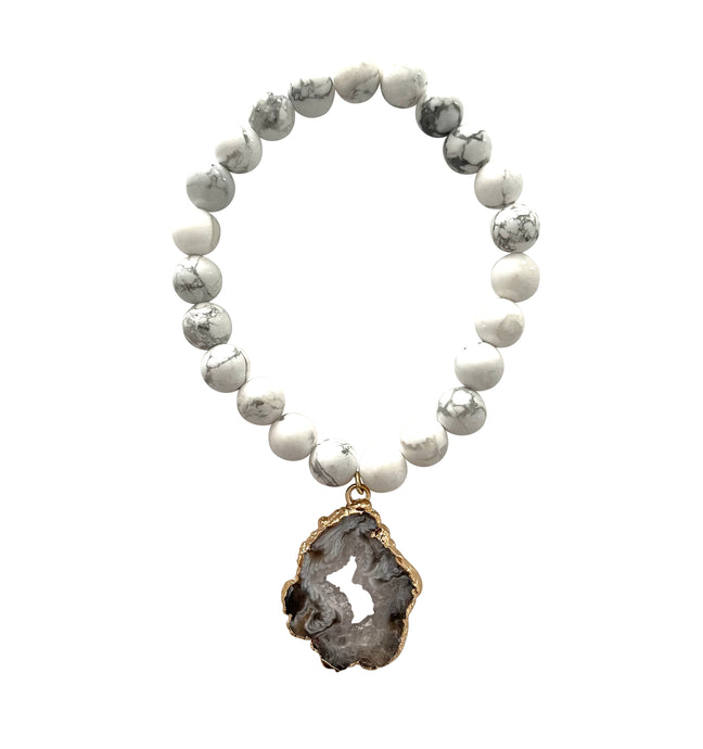 White Howlite gemstone stretch beaded bracelet large geode slice charm