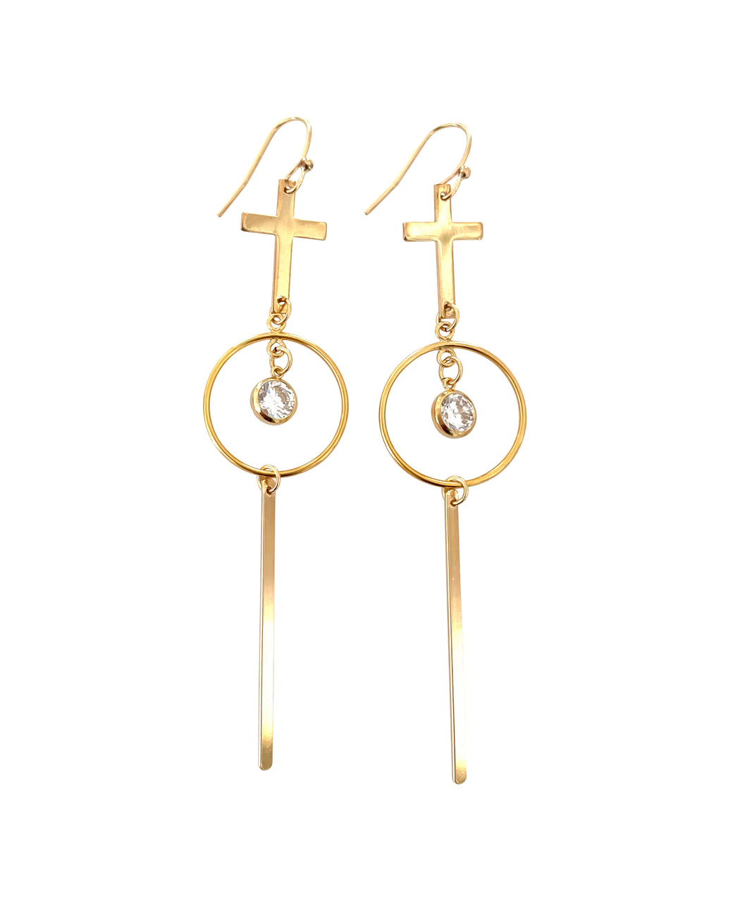 amira long gold cross hoop bar earrings