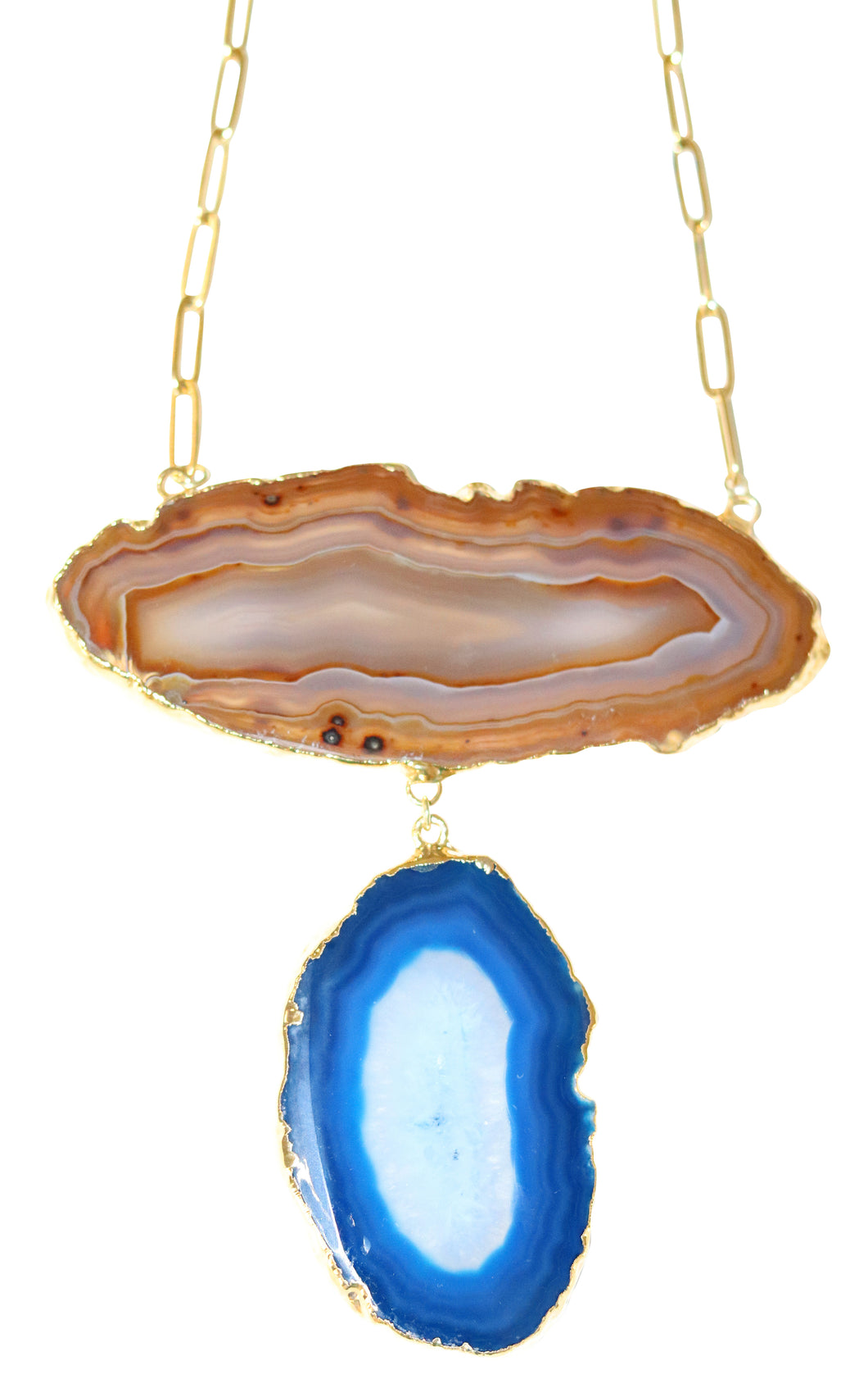 blue and brown agate statement bib necklace handmade