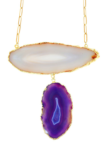 purple agate gemstone slice bib necklace handmade