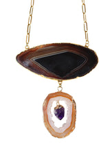 Load image into Gallery viewer, Black Agate slice amethyst dangle point bib necklace handmade
