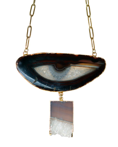 black agate slice amethyst gemstone paper clip chain bib necklace