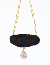Load image into Gallery viewer, black agate silver druzy drop bib necklace paperclip chain
