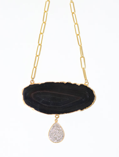 black agate silver druzy drop bib necklace paperclip chain