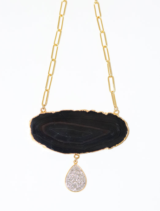 black agate silver druzy drop bib necklace paperclip chain