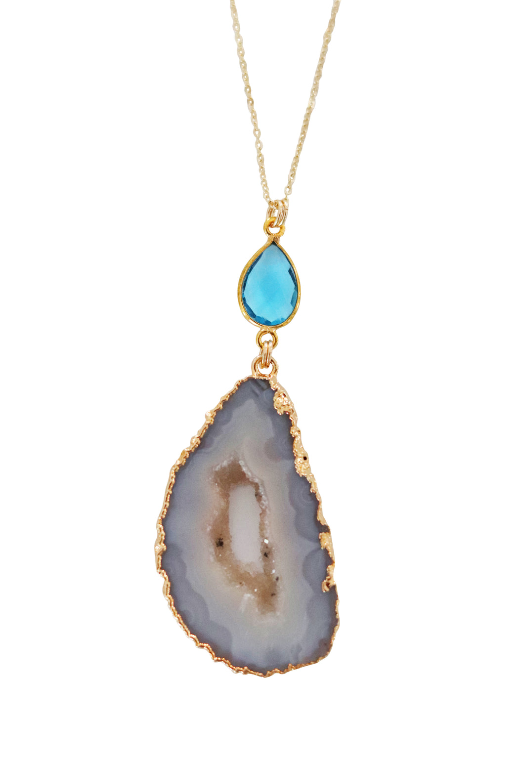 blue topaz white agate slice crystal necklace