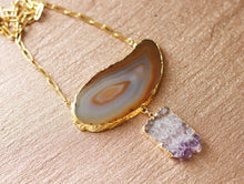 Load image into Gallery viewer, Brown Agate Amethyst Slice Bib Statement Necklace
