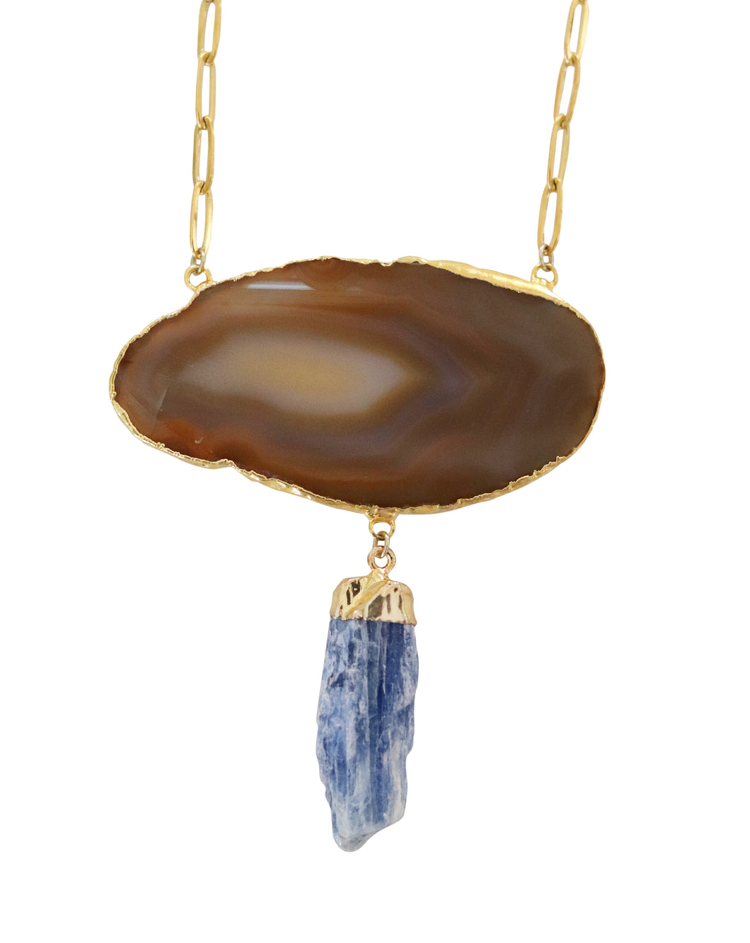 Brown agate blue kyanite gemstone necklace