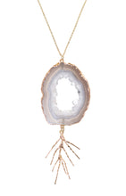 Load image into Gallery viewer, grey geode agate gold leaf branch pendant
