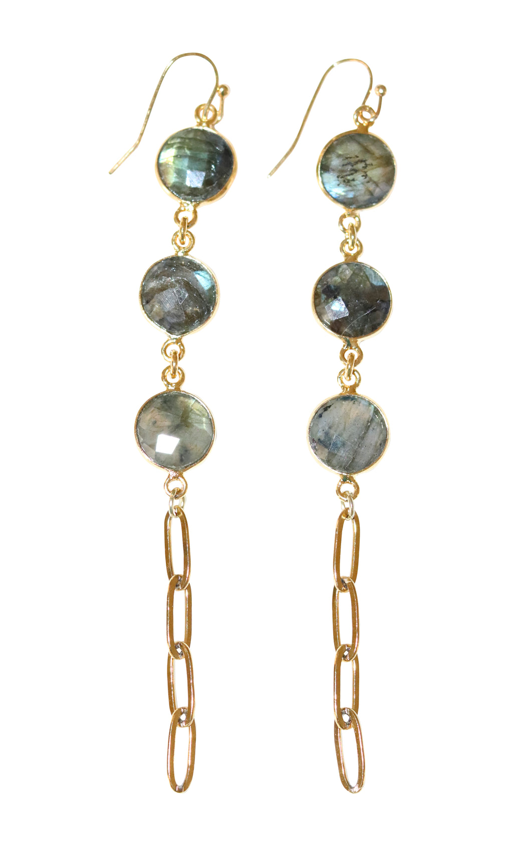 green labradorite gold paperclip chain earrings handmade
