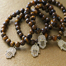 Load image into Gallery viewer, Tiger Eye Gold Hamsa Charm Stretch Bracelet - T. Victoria 
