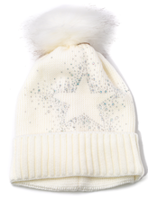 Load image into Gallery viewer, white star rhinestone bling fur pom hat
