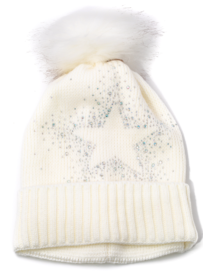white star rhinestone bling fur pom hat